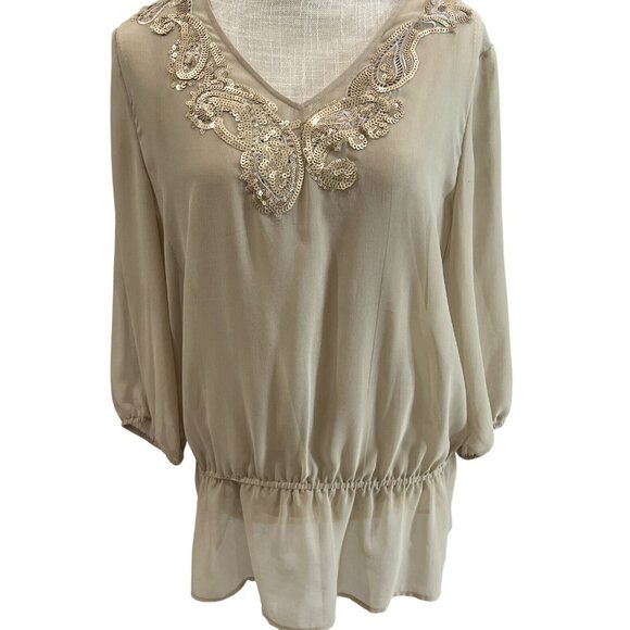 Chicos Beige Sheer Blouse Sequin Embellished Neckline & Cinched Waist Size M - Picture 1 of 12